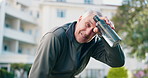 Fitness, tired and elderly man in city for rest, workout recovery and wipe sweat with bottle. Exercise break, active retirement and person with water for health, exhausted and cool down with fatigue