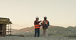 People, engineer and meeting at site for construction, inspection and safety check for architecture. Team, tablet and rooftop with space, quality control and blueprint of building development in city