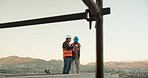 Teamwork, tablet and talking with men on construction site for meeting or planning. Building, collaboration and digital technology with engineering people on worksite together for project management