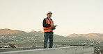 Engineering, tablet and review with man on construction site for quality control or update. App, building and inspection with architect outdoor on worksite for development or project management