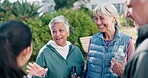 Fitness, trainer or old people in park with break, cardio rest or bonding together in workout hobby. Happy, coach or senior friends with water bottle, connection or recovery in retirement training.