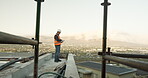 Engineering, inspection and tablet with man on construction site for quality control or update. App, building and review with architect outdoor on worksite for development or project management