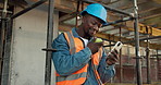 Phone, architect and black man with apple on construction site for lunch break, rest or free time. Male person, civil engineer or contractor eating with fruit on smartphone for food or social media