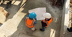 People, engineer and blueprint at site for construction, planning and safety check for architecture. Above, team or reading floor plan for design, quality control and progress of building development
