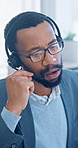 Telemarketing, agent and man with headset in office, help and communication with contact and advice. Call center, telemarketer and black person with mic for chat, lead generation and consultation