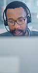 Telemarketing, computer and man with headset in office, help and discussion with contact and advice. Call center, telemarketer and black person with mic for chat, lead generation and consultation