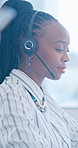 Headset, black man and customer service consultant in office with online enquiry, FAQ or consultation. Contact us, mic and technical support agent in workplace with help desk, crm or call center.