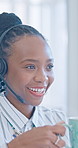 Call center, headset and happy woman with coffee in office, thinking and laughing with warm beverage. Business, consultant and black person with hot tea on break, decision and consultation services