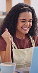Laptop, winning and happy woman in home for good news, remote work or virtual business. Excited, female person or freelancer with fist pump or smile on computer for online success or bonus in house