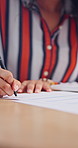 Woman, hands and writing with document for financial planning, calculation or tax audit in home. Female person, accounting or calculator with invoice or papers for finance, expenses or bills in house