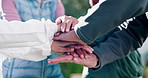 Fitness, trainer or senior people with handstack, outdoor bonding or motivation for exercise. Applause, coach or elderly friends with gesture, workout together or encouragement in retirement activity