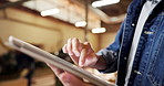 Carpentry, hands and tablet with man in workshop for planning, digital schedule or timetable. Furniture, warehouse and scrolling app with person in woodworking factory for online agenda or inventory