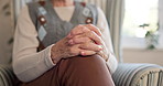 Hands, old woman and waiting in office for therapy, appointment and recovery for mental health. Anticipation, counseling session and senior person with depression, emotional healing and coping skills