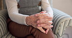 Hands, old woman and anxiety in office for counseling, appointment and recovery for mental health. Anticipation, therapy session and senior person with depression, emotional healing and coping skills