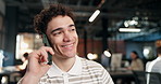 Happy, businessman and phone call in office for conversation, communication or network connection. Male person, agent or employee with smile on smartphone for virtual chat or discussion in workplace