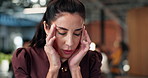 Fatigue, business and woman in office with headache, work stress or burnout for financial loss. Tired, mature person or coworking in workplace with migraine, dizziness and brain fog for finance error