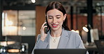 Woman, laptop and conversation in office with phone call, financial advisor and risk assessment. Coworking, female person and tech in business with contact, proposal and discussion for finance plan.