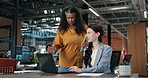 Manager, people and discussion in office with laptop, mentorship and help with data analysis advice. Analyst, women and mentor training in workplace with computer, graphs and feedback for statistics.