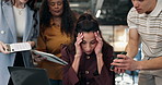 Woman, team and laptop with stress for workload, phone call and chaos for finance report deadline. Office, people and overwhelmed manager with tech, contact and pressure for financial audit crisis.