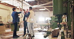 Carpentry, high five and people in workshop for huddle, furniture and woodworking meeting. Success, carpenter design and men with applause for teamwork, lumber production and building agreement