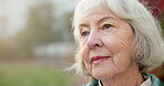 Thinking, old woman and calm with memory, outdoor and contemplating decision on break or reflection. Retirement, space and senior person with nostalgia, daydream and remember thoughts on weekend