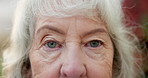 Wellness, eyes and face of senior woman with optometry, optical and glaucoma test for health. Serious, portrait and elderly person in retirement with weak eyesight, prescription or cataract removal.