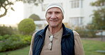Wellness, face or old man in backyard with smile, fresh air or positive attitude on weekend break. Confidence, portrait or elderly person with happy moment, outdoor unwind or good mood in retirement.