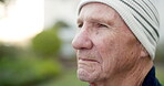 Thinking, old man and calm with memory, outdoor and contemplating decision on weekend or reflection. Retirement, choice and senior person with nostalgia, daydream and remember thoughts on break