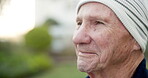 Thinking, old man and smile with memory, outdoor and contemplating decision on break and reflection. Retirement, daydream and senior person with nostalgia, happy and remember thoughts on weekend