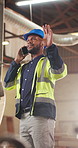 Phone call, black man and construction worker on site with communication, contact or feedback. Industry project, cellphone and civil engineer on mobile discussion for update on building renovation.