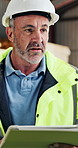 Man, engineer and tablet in workshop with talking, instructions or app for work schedule. Mature project manager, tech or reading in factory for compliance rules, manufacturing timetable or feedback