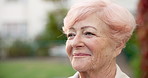 Thinking, old woman and happy with memory, outdoor and contemplating on break and thoughts at house. Retirement, home and senior person with nostalgia, remember and reflection with smile on weekend
