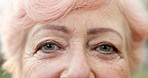 Happy, eyes and face of senior woman with optometry, optical care and glaucoma test for health. Vision, portrait and elderly person in retirement with weak eyesight, prescription or cataract removal.