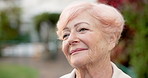 Thinking, old woman and daydream with smile, outdoor and reflection on weekend or thoughts at house. Retirement home, choice and senior person with nostalgia, remember and happy with memory on break