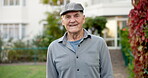 Wellness, face or old man outdoor with laugh, fresh air or positive attitude on weekend break. Confidence, portrait or elderly person with happy moment, backyard unwind or good mood in retirement.