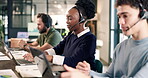 Call center, woman and laptop with coworking in office, contact us and communication with help desk. Person, colleagues and typing at pc for online advice, customer support and telecom in workplace