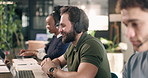 Call center, man and laptop with coworking workplace, contact us and communication with help desk. Person, colleagues and talking at pc for online advice, customer support and telecom in office