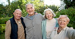 Senior, friends or face with selfie in garden for retirement picture, photography or outdoor memory. Portrait, elderly group or people with smile for capture moment, pension or bonding in nature