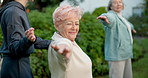 Stretching, happy and fitness with senior people outdoor with coach for help, balance and health. Women, elderly and exercise with group for retirement community, wellness and workout in nature