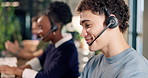 Call center, advice and man in office with headset, contact us or telecom advisory in crm service. Talking, coworking and happy agent with microphone, online assistance and enquiry in client support.