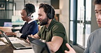 Call center, laptop and man in office with headset, contact us or telecom advisory in crm service. Talking, coworking and happy agent with microphone, online assistance and enquiry in client support.