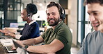 Call center, man and portrait with coworking workplace, contact us and laptop with help desk. Happy person, colleagues and smile at pc for online advice, customer support and telecom in office