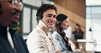 Face, smile or man in call center for help desk, technical support or laughing in workplace. Person, contact us or portrait of happy consultant with headset for telecom, customer service or coworking