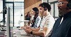 Call center, computer and man at help desk for technical support, network feedback or typing. Headset, tech and consultant talking to client for internet connection, customer service or coworking