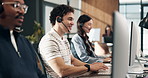 Call center, computer and happy man at help desk for technical support, network feedback or typing. Headset, tech and consultant talk to client for internet connection, customer service or coworking