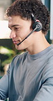Smile, support and man with headset in agency for customer service or online advice in office. Contact us, consultant or agents with chat for virtual assistance, CRM or communication in call center