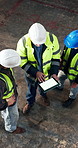 Above, architect and team in workshop with tablet screen, conversation or AI for furniture blueprint. Manager, people and discussion in factory with tech, architecture and digital woodwork design.