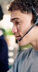 Chat, support and man with headset in agency for customer service or online advice in office. Contact us, coworking or agents with help for virtual assistance, CRM or communication in call center