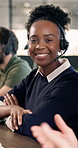 Happy, face and woman with headset in agency for customer service or online advice in office. Portrait, coworking or agents with smile for virtual assistance, CRM or communication in call center