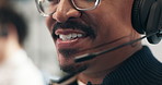 Call center, mouth and man talk with headset for customer support, network feedback or assistance. Mic, smile and consultant speaking to client for internet connection, help service or laughing